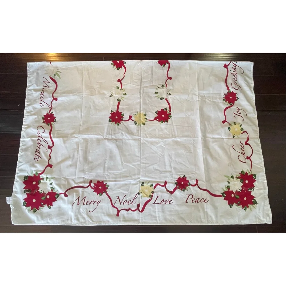 Trim A Home Christmas Tablecloth 61.5x86 Poinsettia Ribbon Script Holiday
